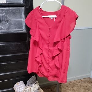 NWT DAVI & DANI Burgundy Ruffle Blouse Fabric Covered Buttons Woman Size S